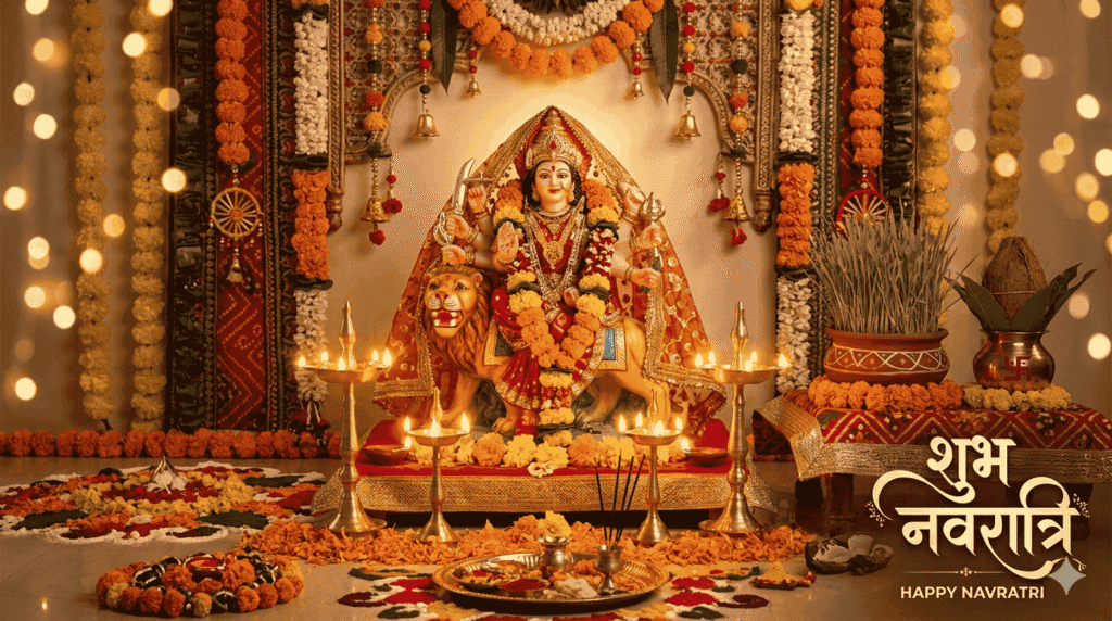 नवरात्री पूजा में देवी दुर्गा की आरती करते हुए श्रद्धालु