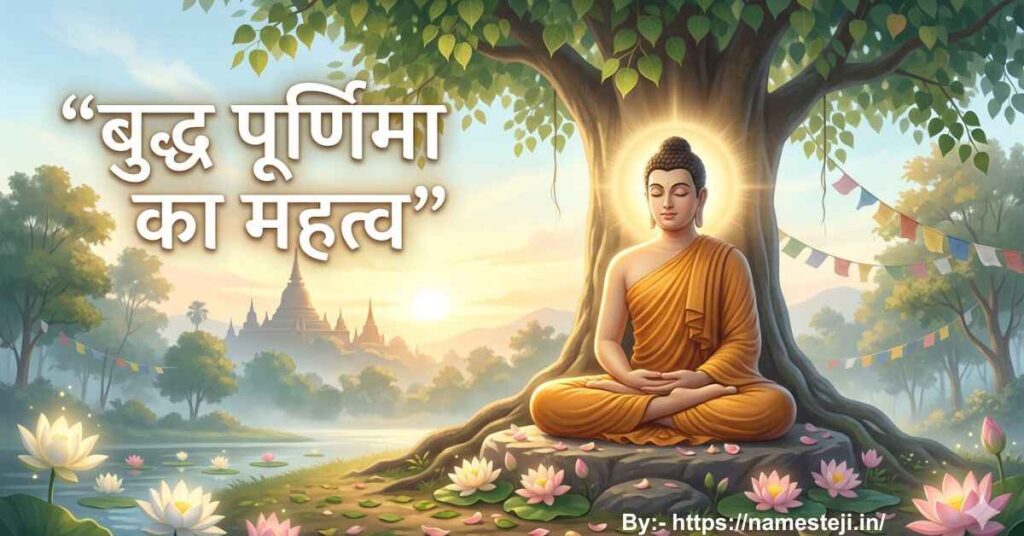 बुद्ध पूर्णिमा का महत्व दर्शाता हुआ ध्यान में बैठे भगवान बुद्ध और शांत वातावरण