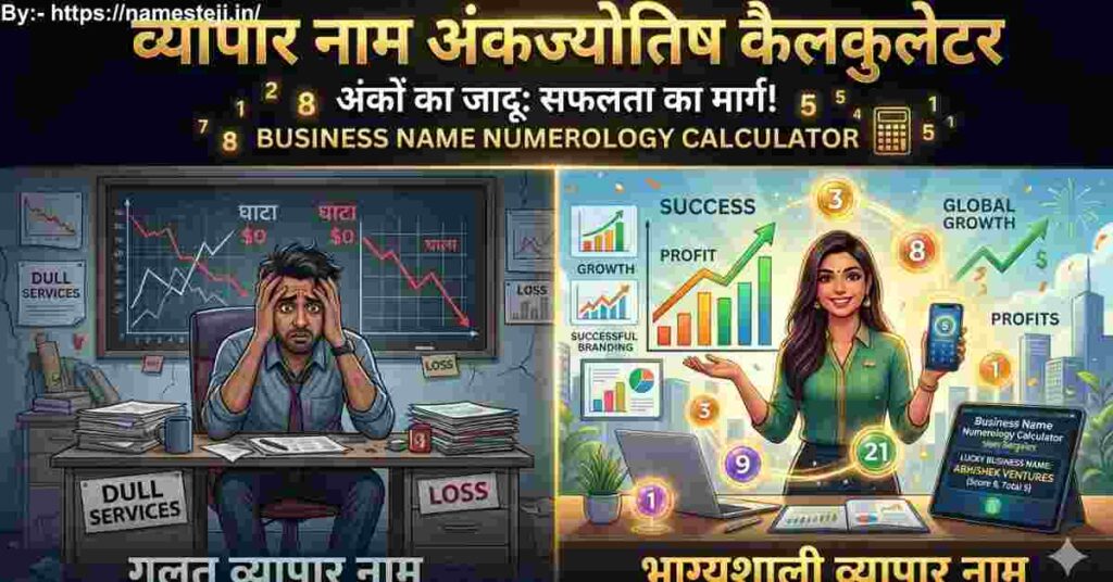 Business Name Numerology Calculator से बिजनेस नाम का अंक विश्लेषण करते हुए उद्यमी का डिजिटल इलस्ट्रेशन