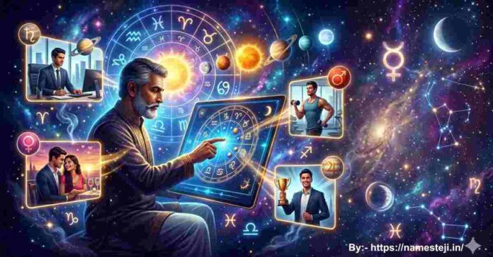 जीवन पर ग्रहों का प्रभाव - कुंडली और ग्रहों की ज्योतिषीय स्थिति देखते हुए ध्यानमग्न व्यक्ति का आध्यात्मिक दृश्य