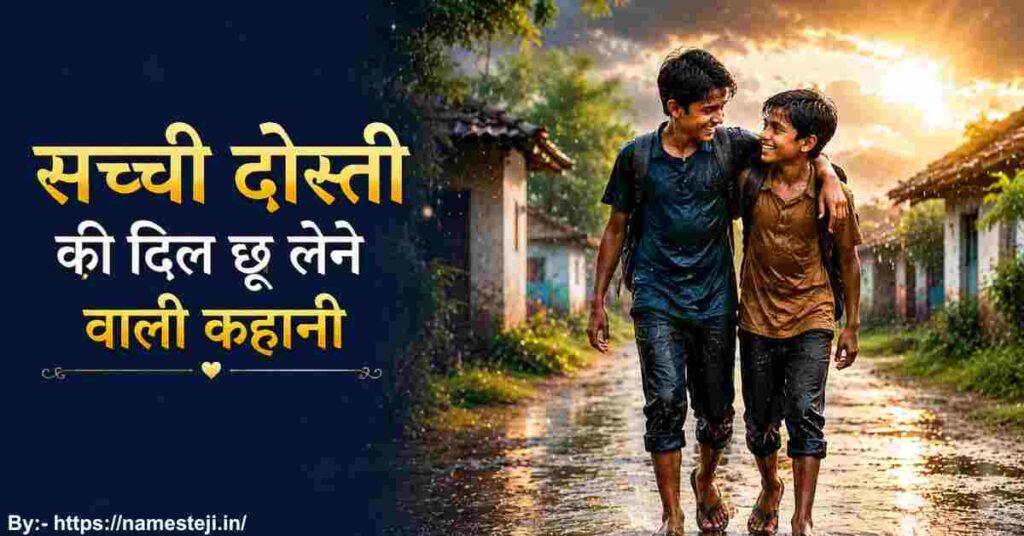 बारिश वाले गाँव के रास्ते पर खुशी से चलते हुए दो सच्चे भारतीय दोस्त की भावनात्मक कहानी वाली तस्वीर