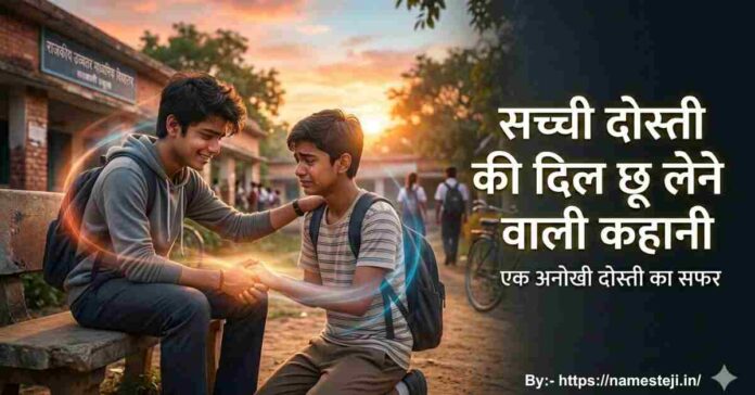 बारिश वाले गाँव के रास्ते पर खुशी से चलते हुए दो सच्चे भारतीय दोस्त की भावनात्मक कहानी वाली तस्वीर