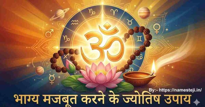 भाग्य मजबूत करने के ज्योतिष उपाय करते हुए व्यक्ति, पूजा और ग्रह शांति के उपाय का दृश्य