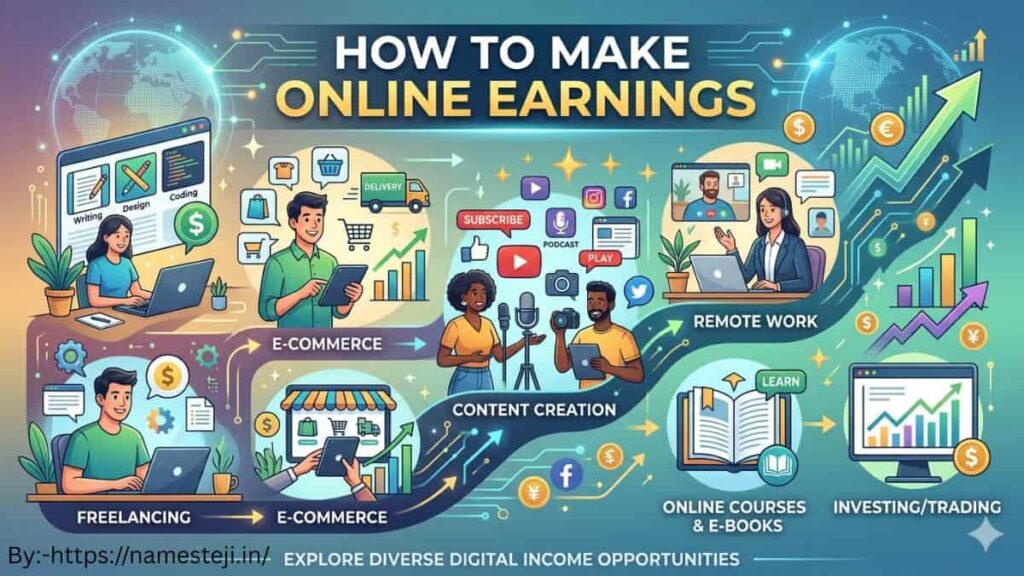 How to make online earnings गाइड, जिसमें फ्रीलांसिंग, ब्लॉगिंग, यूट्यूब, एफिलिएट मार्केटिंग और डिजिटल मार्केटिंग से ऑनलाइन कमाई के तरीके दिखाए गए हैं।