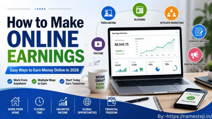 How to make online earnings गाइड, जिसमें फ्रीलांसिंग, ब्लॉगिंग, यूट्यूब, एफिलिएट मार्केटिंग और डिजिटल मार्केटिंग से ऑनलाइन कमाई के तरीके दिखाए गए हैं।