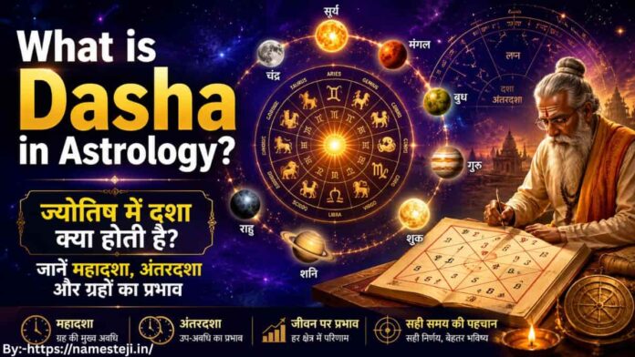 What is Dasha in astrology? वैदिक ज्योतिष में महादशा, अंतरदशा और ग्रहों के प्रभाव को दर्शाता हुआ चित्र
