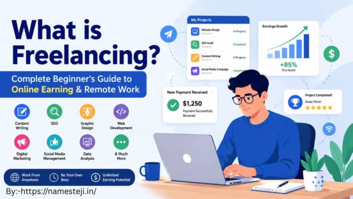 What is freelancing - लैपटॉप पर काम करता हुआ फ्रीलांसर, ऑनलाइन कमाई, वर्क फ्रॉम होम और डिजिटल करियर का दृश्य