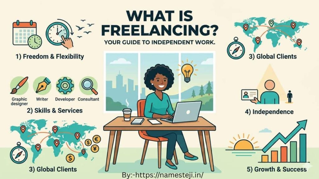 What is freelancing - लैपटॉप पर काम करता हुआ फ्रीलांसर, ऑनलाइन कमाई, वर्क फ्रॉम होम और डिजिटल करियर का दृश्य