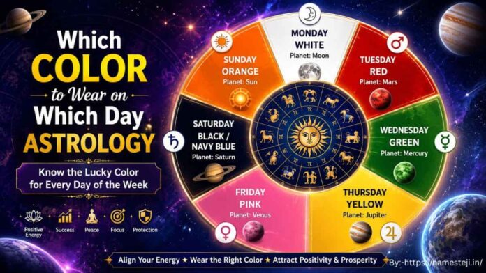 Which color to wear on which day astrology guide showing lucky colors for Monday to Sunday according to Vedic astrology and planetary influence