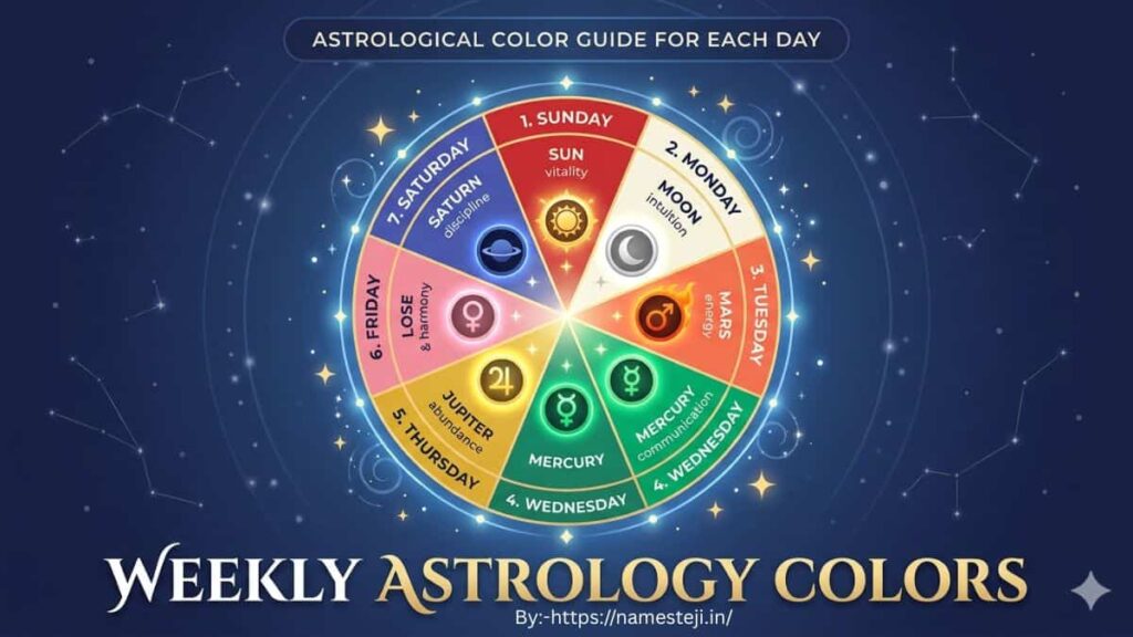 Which color to wear on which day astrology guide showing lucky colors for Monday to Sunday according to Vedic astrology and planetary influence