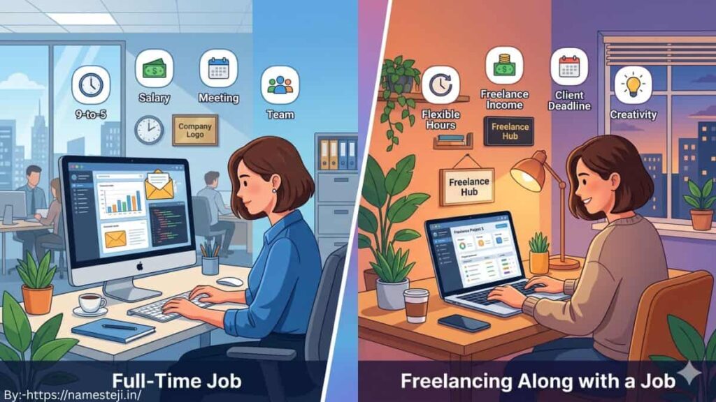 Can I Do Freelancing Along With a Job, नौकरी के साथ फ्रीलांसिंग करने वाला प्रोफेशनल लैपटॉप पर काम करते हुए