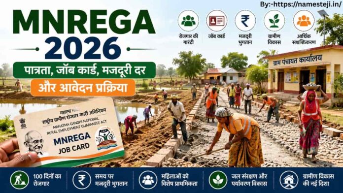 MNREGA योजना के तहत ग्रामीण श्रमिक सड़क निर्माण कार्य करते हुए और मनरेगा जॉब कार्ड की जानकारी