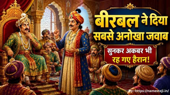 बीरबल ने दिया सबसे अनोखा जवाब कहानी में अकबर के दरबार में न्याय करते हुए बुद्धिमान बीरबल का दृश्य
