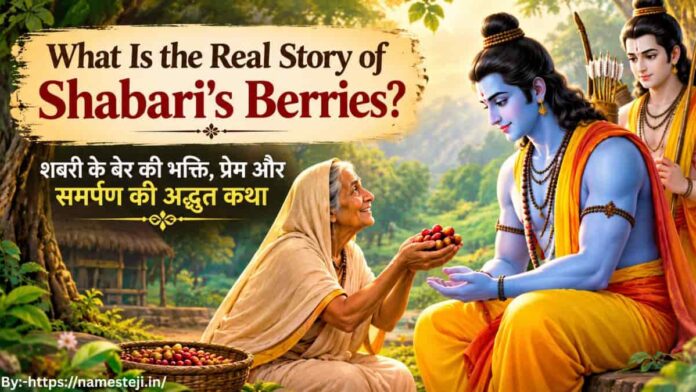 What Is the Real Story of Shabari's Berries – शबरी भगवान राम को प्रेमपूर्वक बेर अर्पित करती हुई, भक्ति, समर्पण और श्रद्धा का भावनात्मक रामायण प्रसंग।