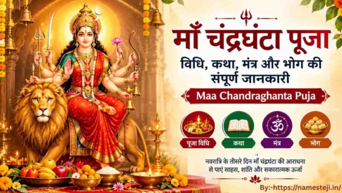 Maa Chandraghanta Puja Vidhi, माँ चंद्रघंटा की पूजा करते हुए भक्त और देवी का दिव्य स्वरूप